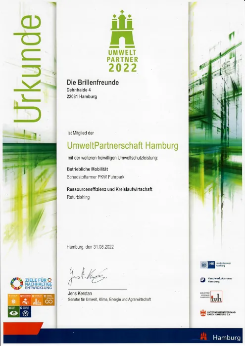 Urkunde - Umwelt Partner 2022 der Stadt Hamburg